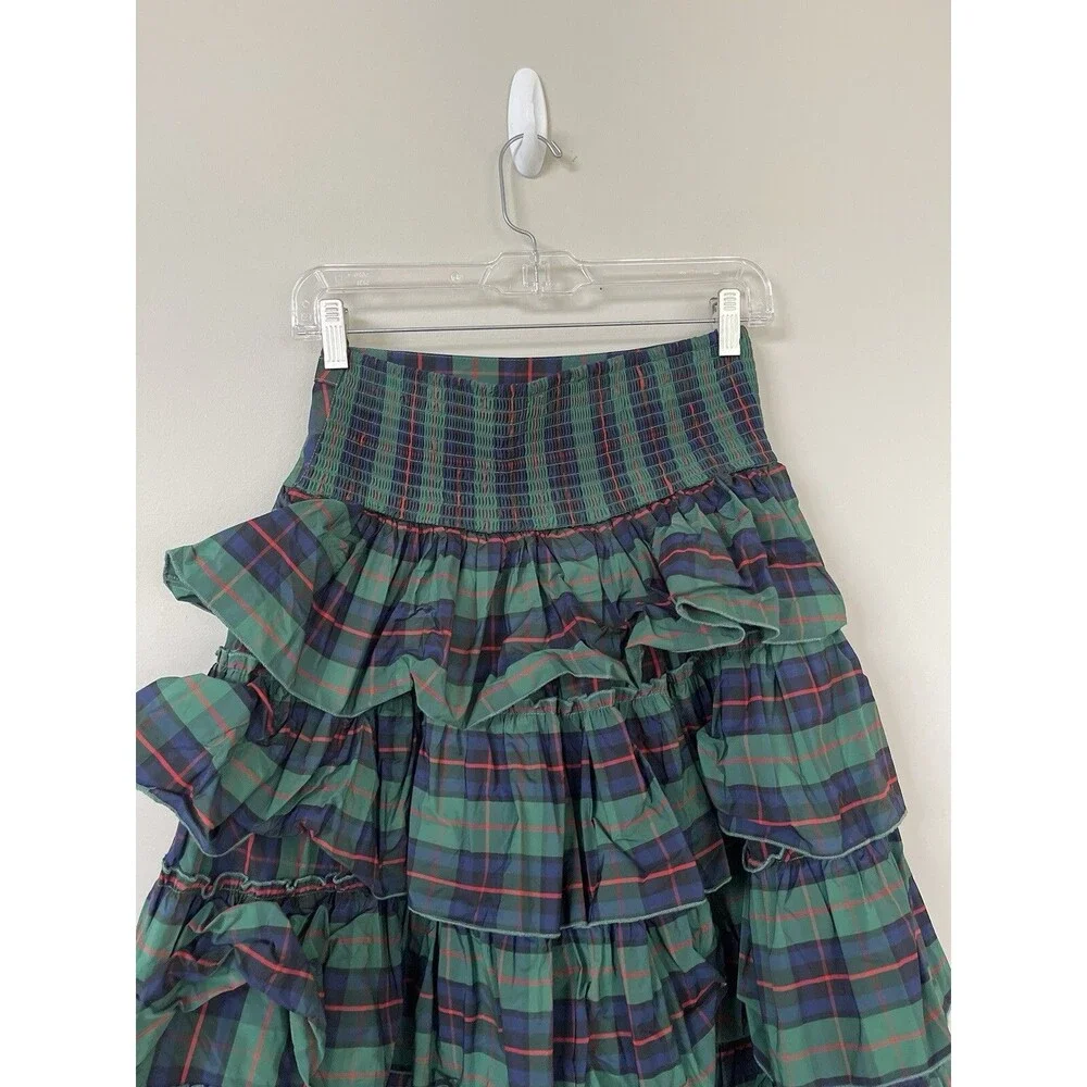 Urban Outfitters Midi Skirt Rainee Tiered Green Plaid Preppy Vacay Small New